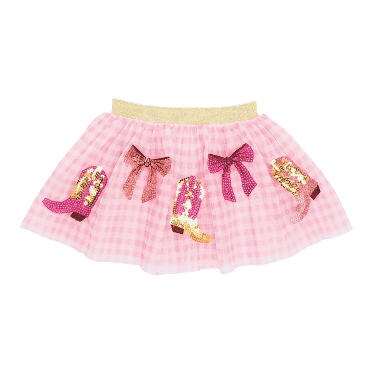 Pink check tutu skirt with sequined cowboy boots and bows and a gold shimmery waistband.