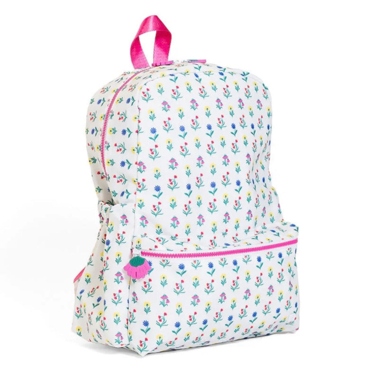 Girls bright floral print wildflowers backpack with hot pink trim and flower zipper pull.