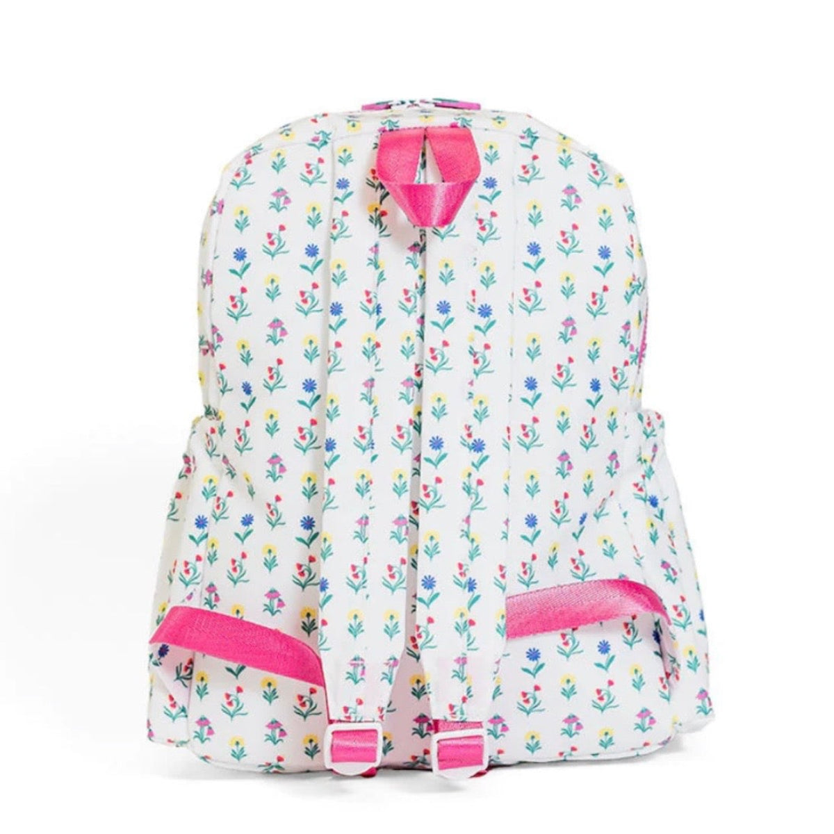 The back of a bright floral print little girl backpack with hot pink trim.