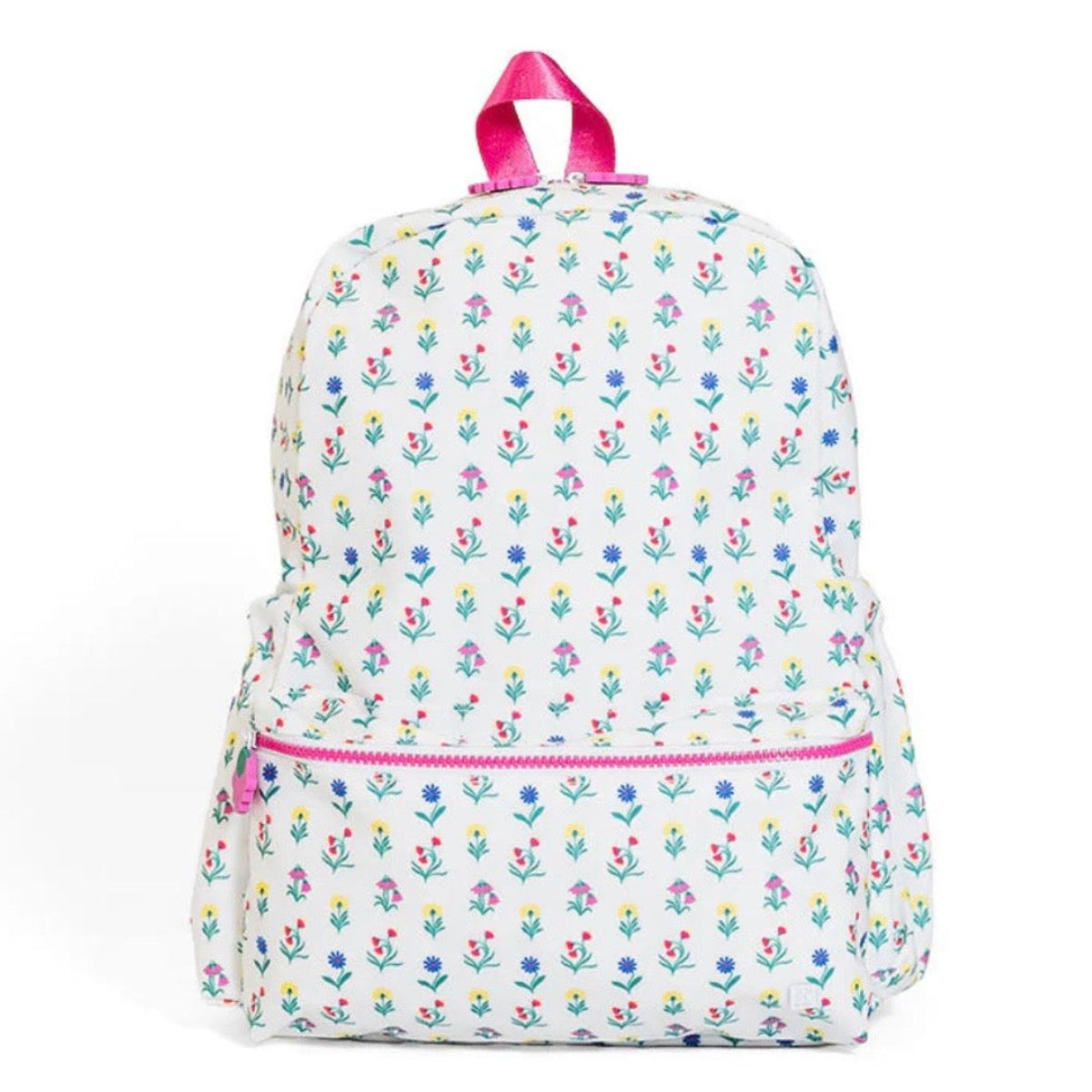 Girls backpack in a bright floral wildflower print with hot pink trim