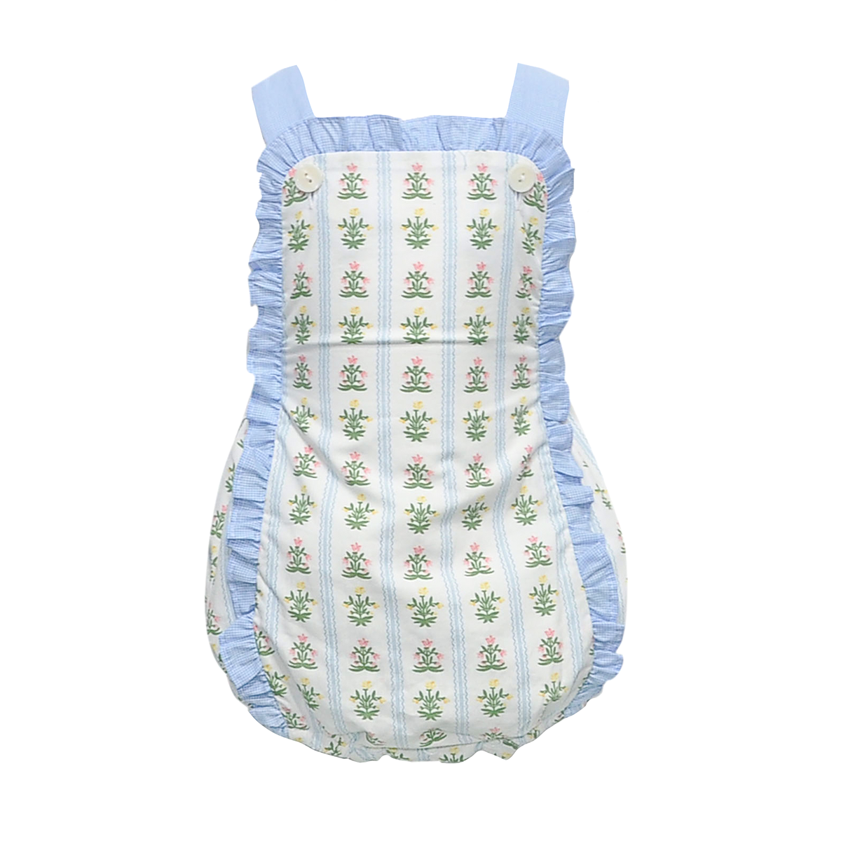 Baby girl floral bubble with blue gingham ruffle trim