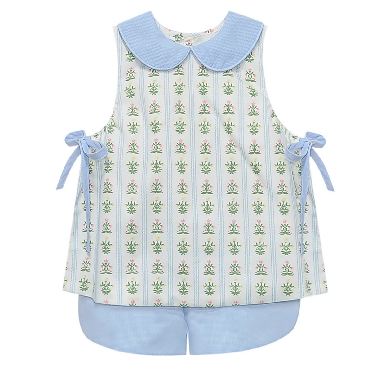 Toddler girl floral striped top with Peter Pan collar and blue shorts