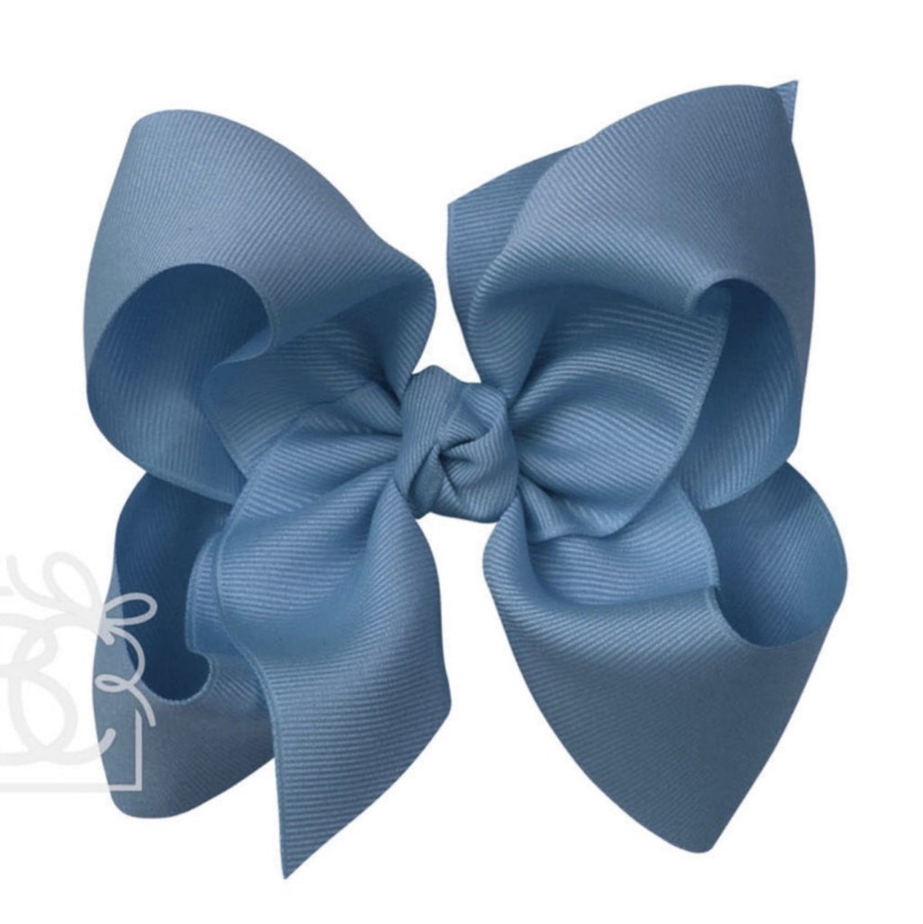 Large blue gray grosgrain classic hair bow with double knot center.
