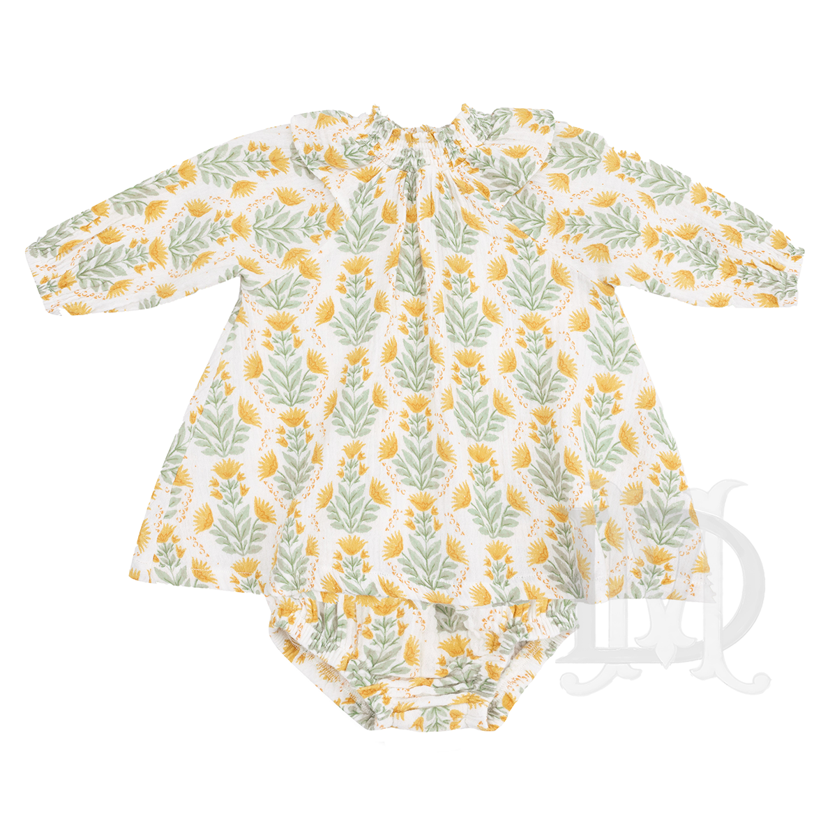 Angel Dear Winter Dandelions smocked cotton muslin dress with long sleeves and matching diaper cover.