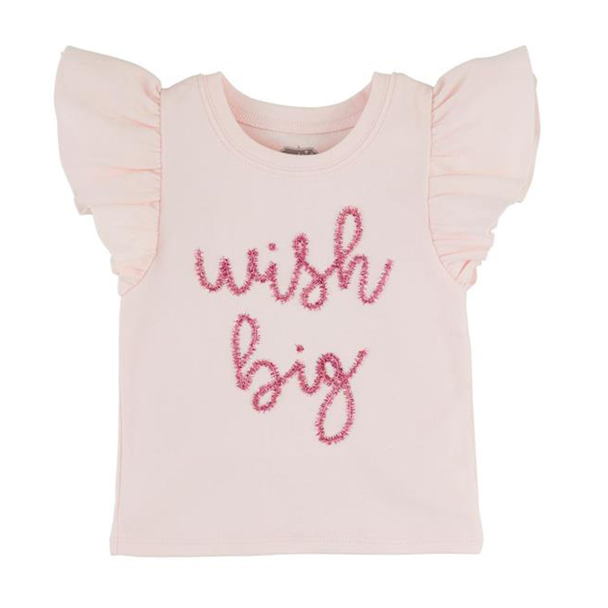 Pink birthday flutter sleeve shirt with 'wish big' text in hot pink shiny tinsel