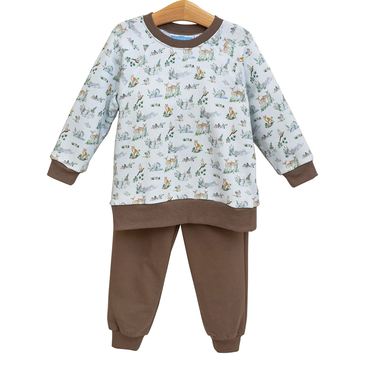 Children's outfit with forest animals patterned top and brown pants