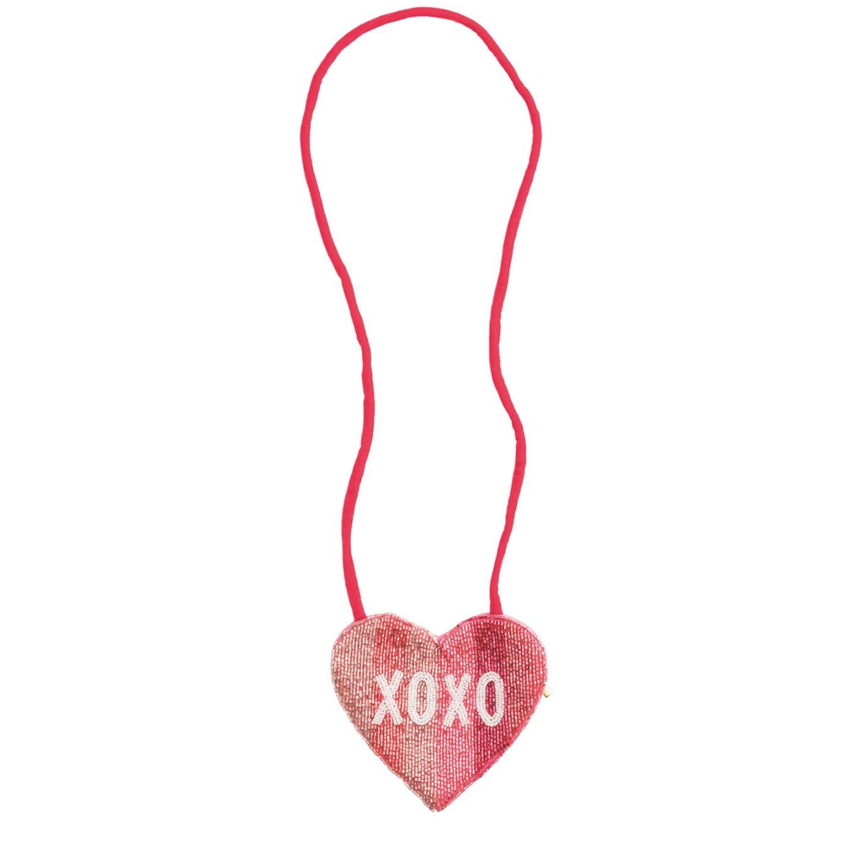 Pink beaded striped heart shape purse with a shoulder strap and XOXO design.