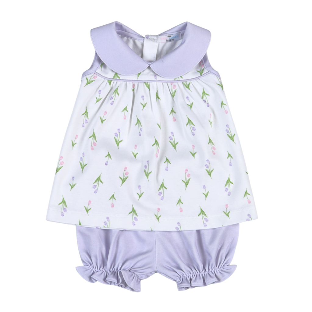 Baby girl's lavender tulip print top with matching pastel purple bloomers