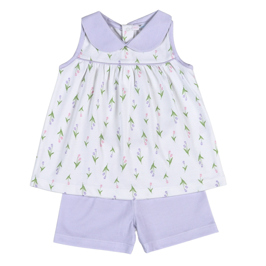 Girl's tulip print sleeveless top with Peter Pan collar and matching lavender shorts
