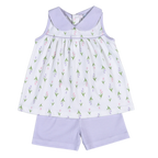 Girl's tulip print sleeveless top with Peter Pan collar and matching lavender shorts