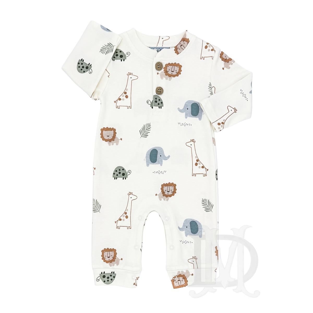 A boy's long-sleeve footless romper in off-white with an all-over baby safari animal print including giraffes, lions, elephants, and turtles with a Henley style neckline.