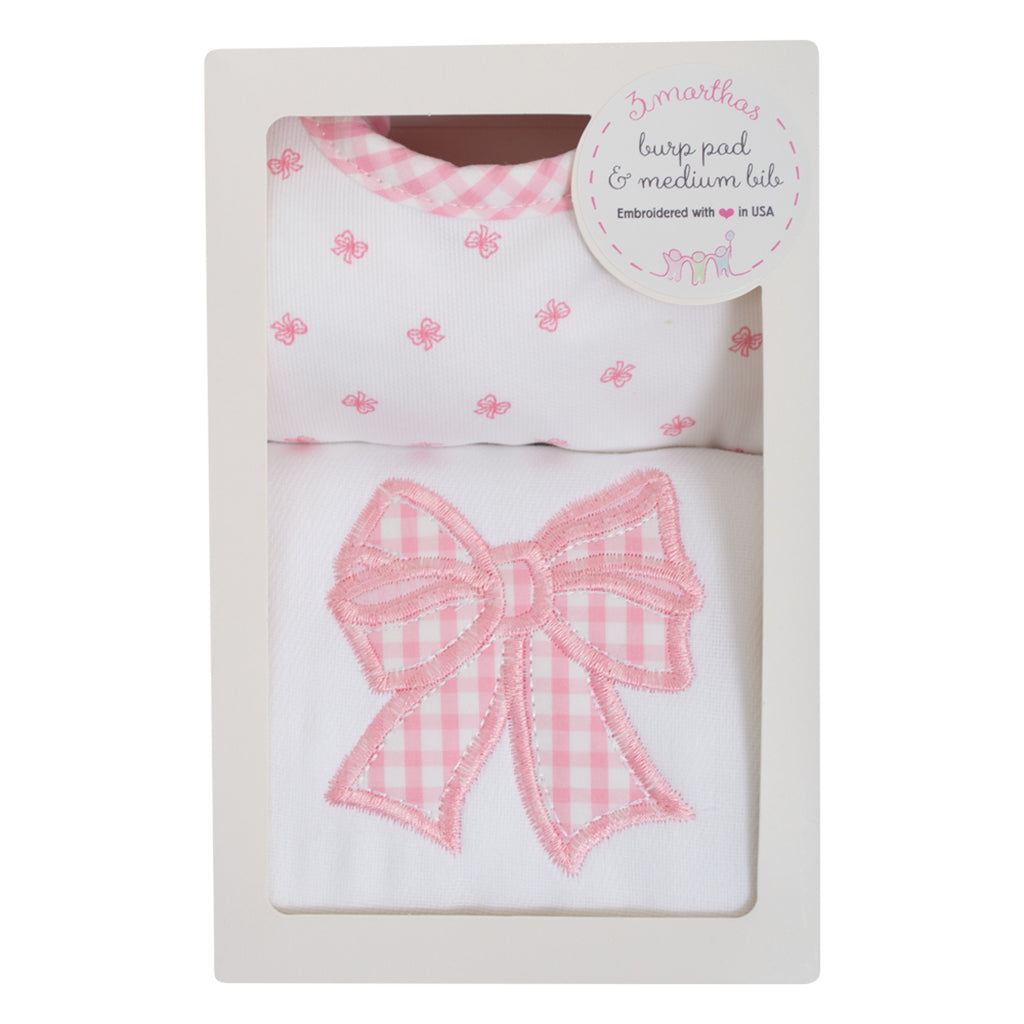 3 Marthas Pink Bow Applique Burp and Bib Boxed Gift Set