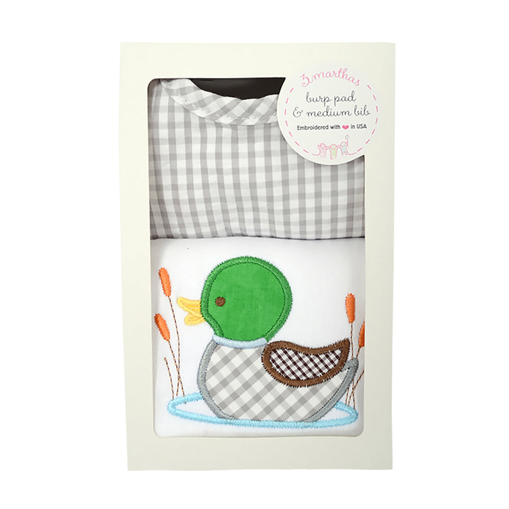 3 Marthas Mallard Duck Applique Burp and Bib Boxed Gift Set