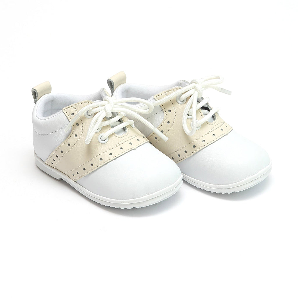 L'Amour Baby Boy's White and Ecru Leather Saddle Oxford Crib Shoes