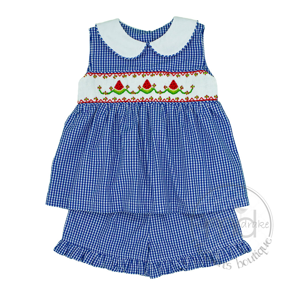 Toddler Girl's Watermelons Smocked Shorts Set Blue Check