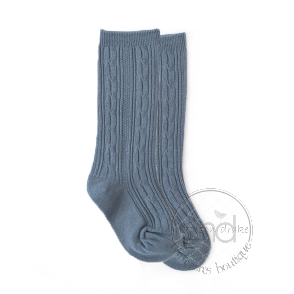 Denim Blue Cable Knit Tights by Little Stocking Company - Madison-Drake  Children's Boutique