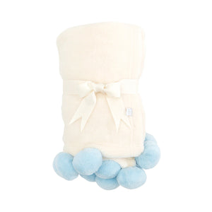 Elegant Baby Blue Pom Pom Trim Fleece Baby Blanket