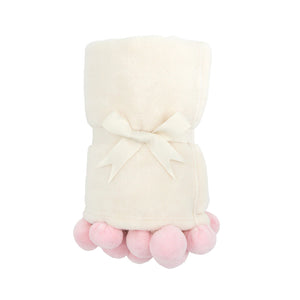 Elegant Baby Pink Pom Pom Trim Fleece Baby Blanket