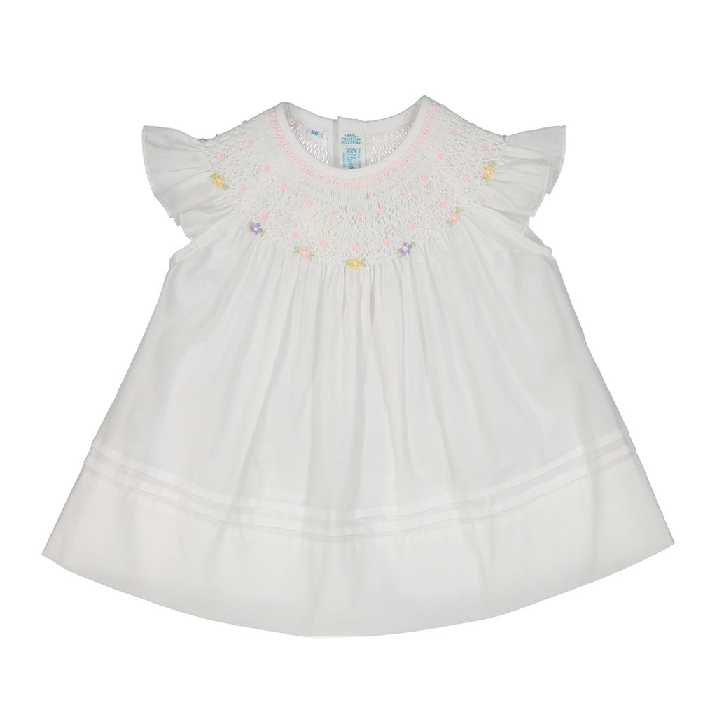 Feltman Brothers Baby Girl's White Flutter Sleeve Smocked Bishop Dress