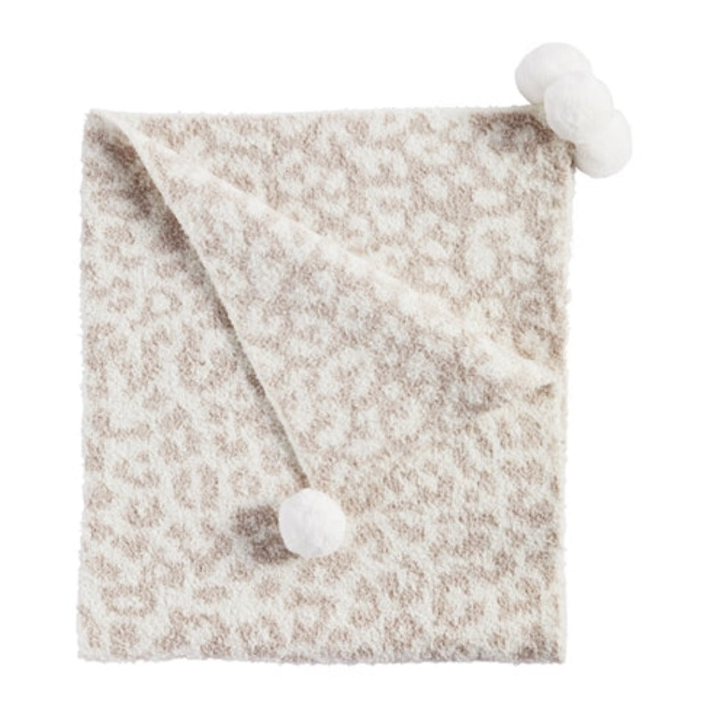 Ivory Chenille Leopard Print Pom-Pom Trim Blanket by Mud Pie Baby