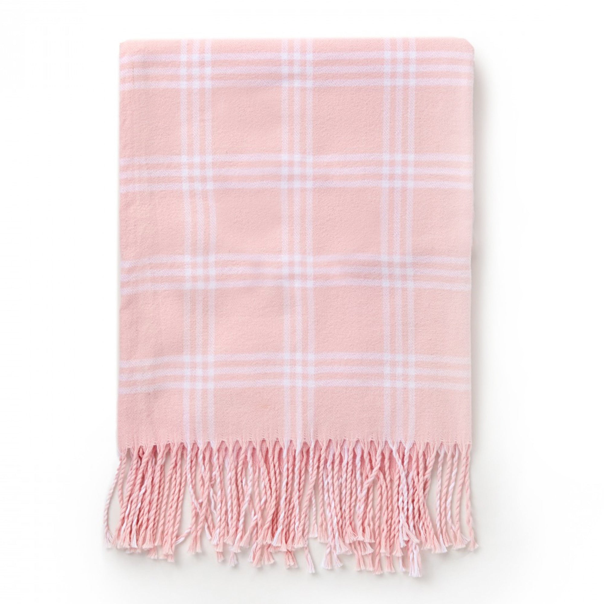 Pink and White Windowpane Plaid Fringed Blanket