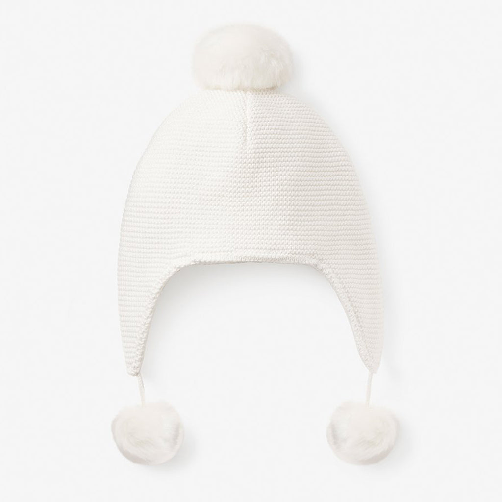 Baby Boy White Pom Pom Hat Little Girl Ear Flaps Hat Knit Elegant Baby