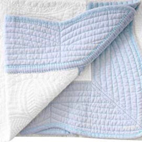 Heirloom Baby Quilt white with light blue trim