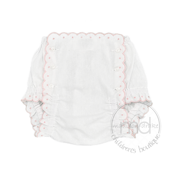 Baby Girl Diaper Cover White with Pink Scalloped Edge Button Bloomers