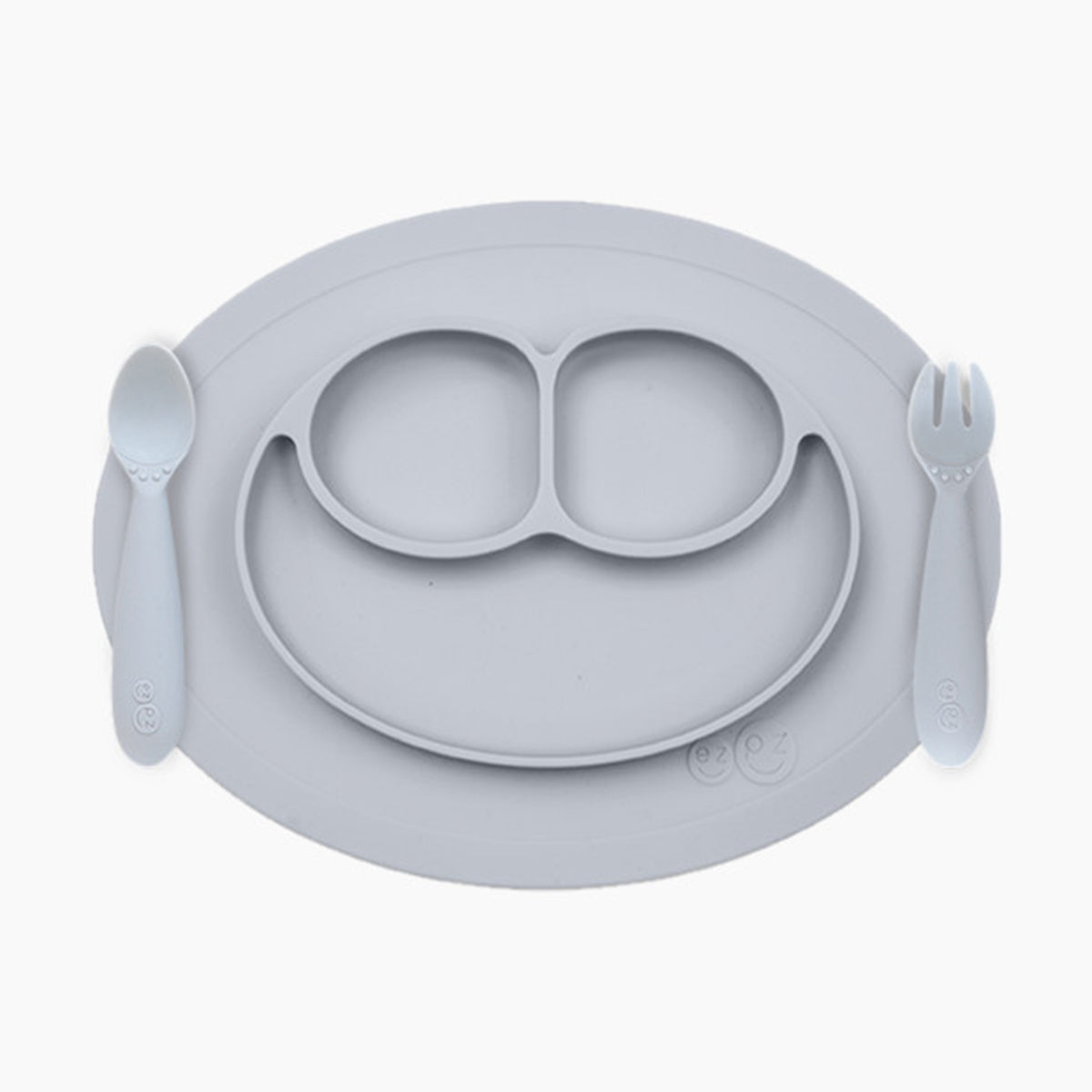 ezpz Silicone Mini Feeding Set Suction Placemat Toddler Plate Utensils Pewter